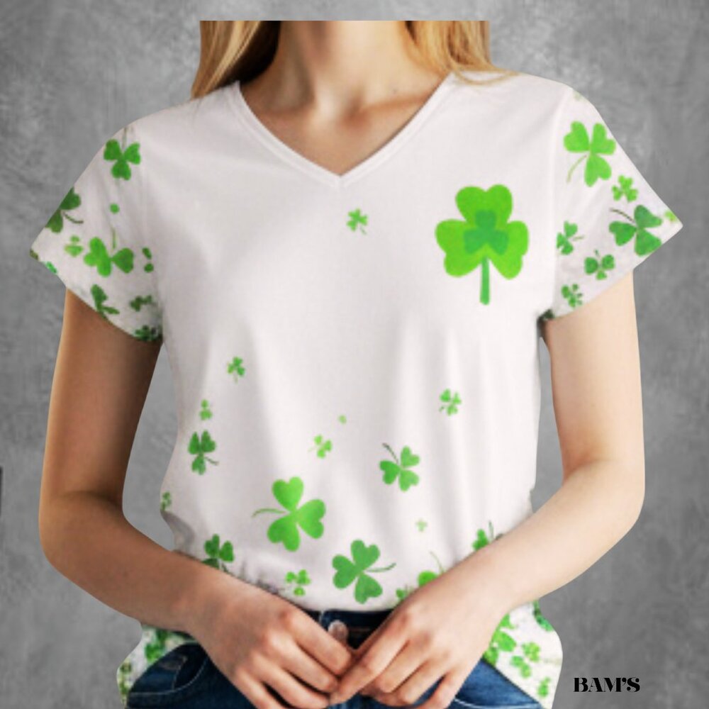 St. Patrick’s Day Shamrock V-Neck Tee | Green Clover Print | Women’s Medium